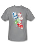 DC Comics splatter graphic on a grey adult t-shirt.