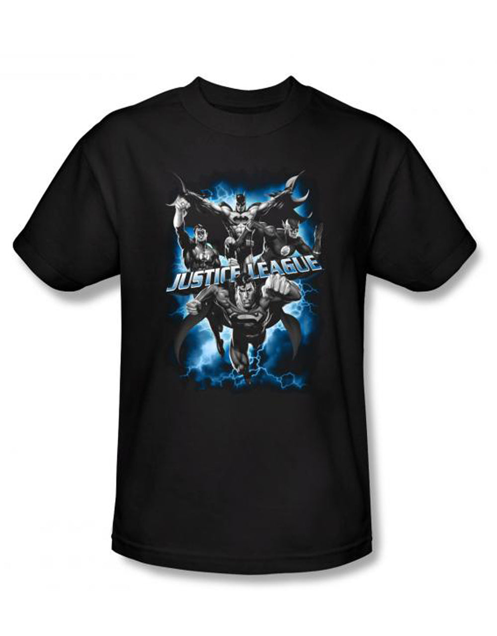 DC Comics storm graphic on a black adult t-shirt.