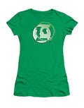 Green Lantern energy logo graphic on a kelly green women's t-shirt.