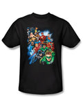 DC Comics heroes unite graphic on a black adult t-shirt.