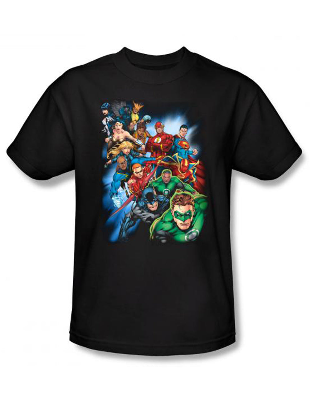DC Comics heroes unite graphic on a black adult t-shirt.