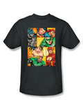 DC Comics hero boxes graphic on a grey adult t-shirt.