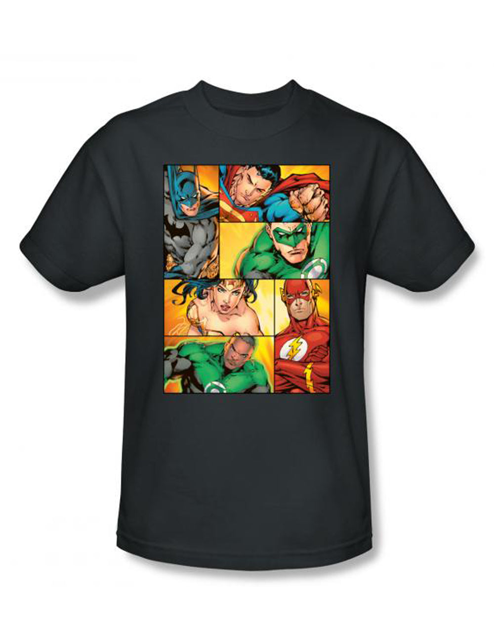 DC Comics hero boxes graphic on a grey adult t-shirt.