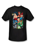 DC Comics league break free graphic on a black adult t-shirt.