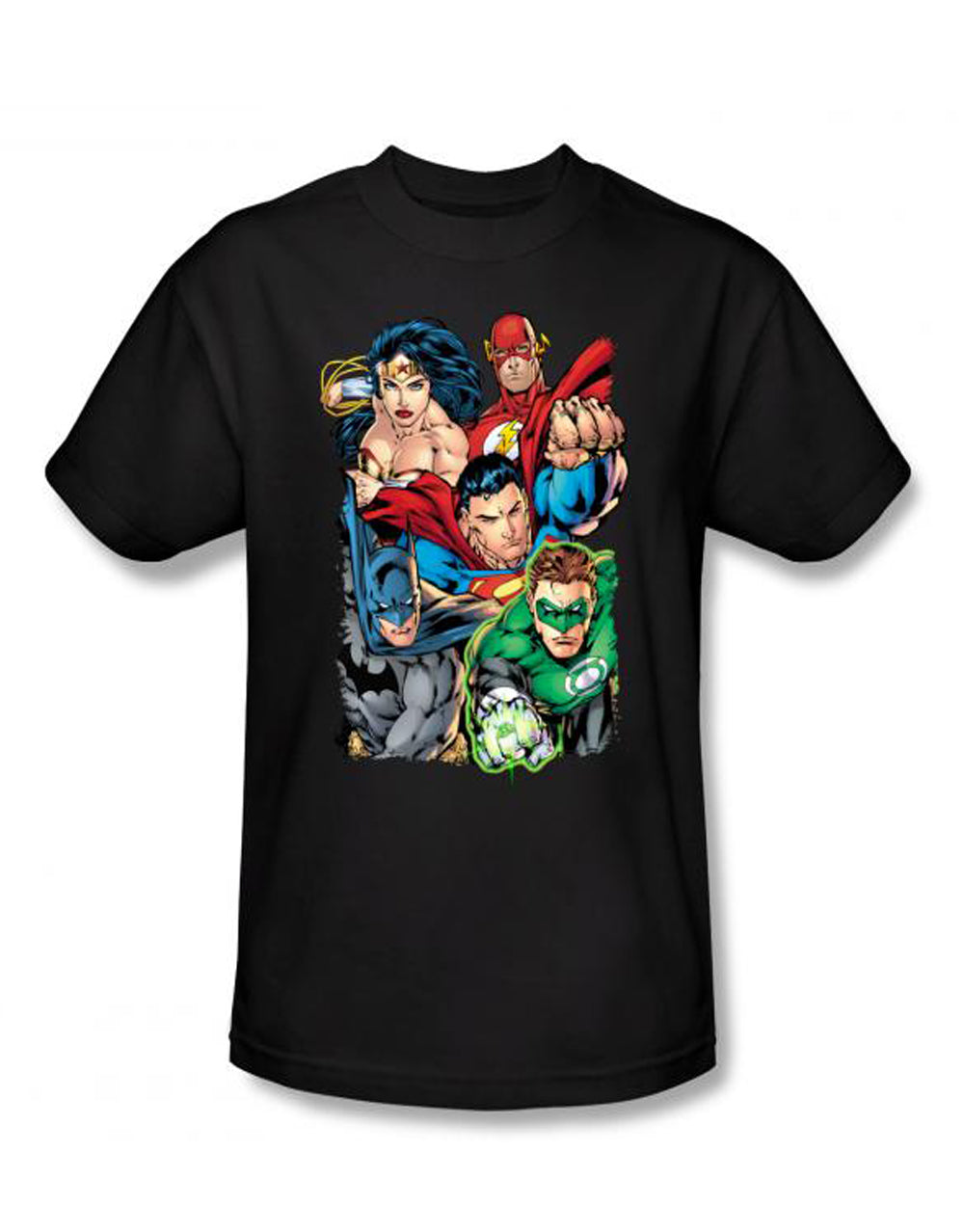 DC Comics league break free graphic on a black adult t-shirt.