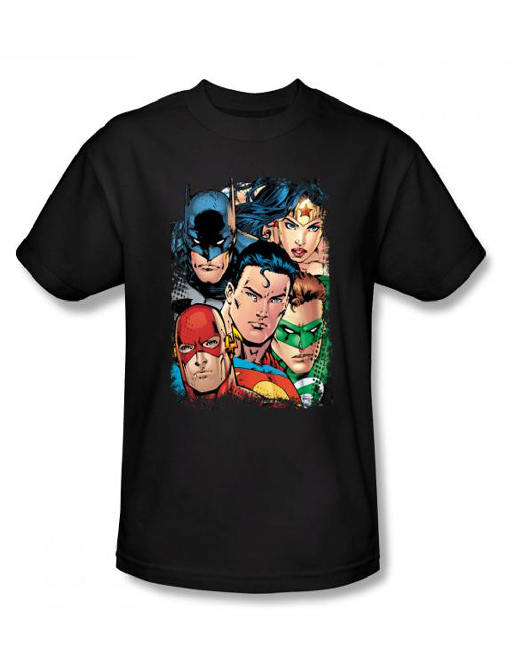 DC Comics up close graphic on a black adult t-shirt.