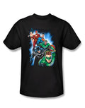 DC Comics heroes united graphic on a black adult t-shirt.