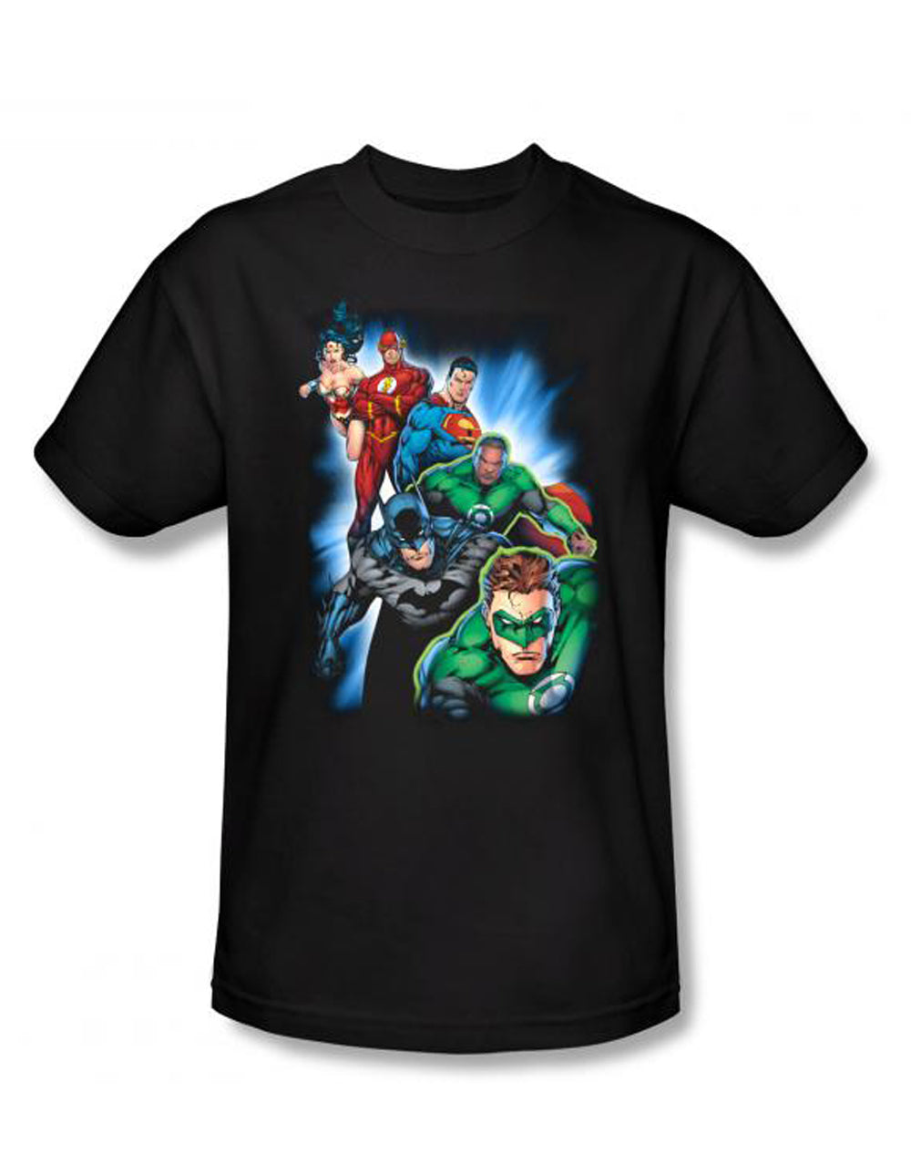 DC Comics heroes united graphic on a black adult t-shirt.
