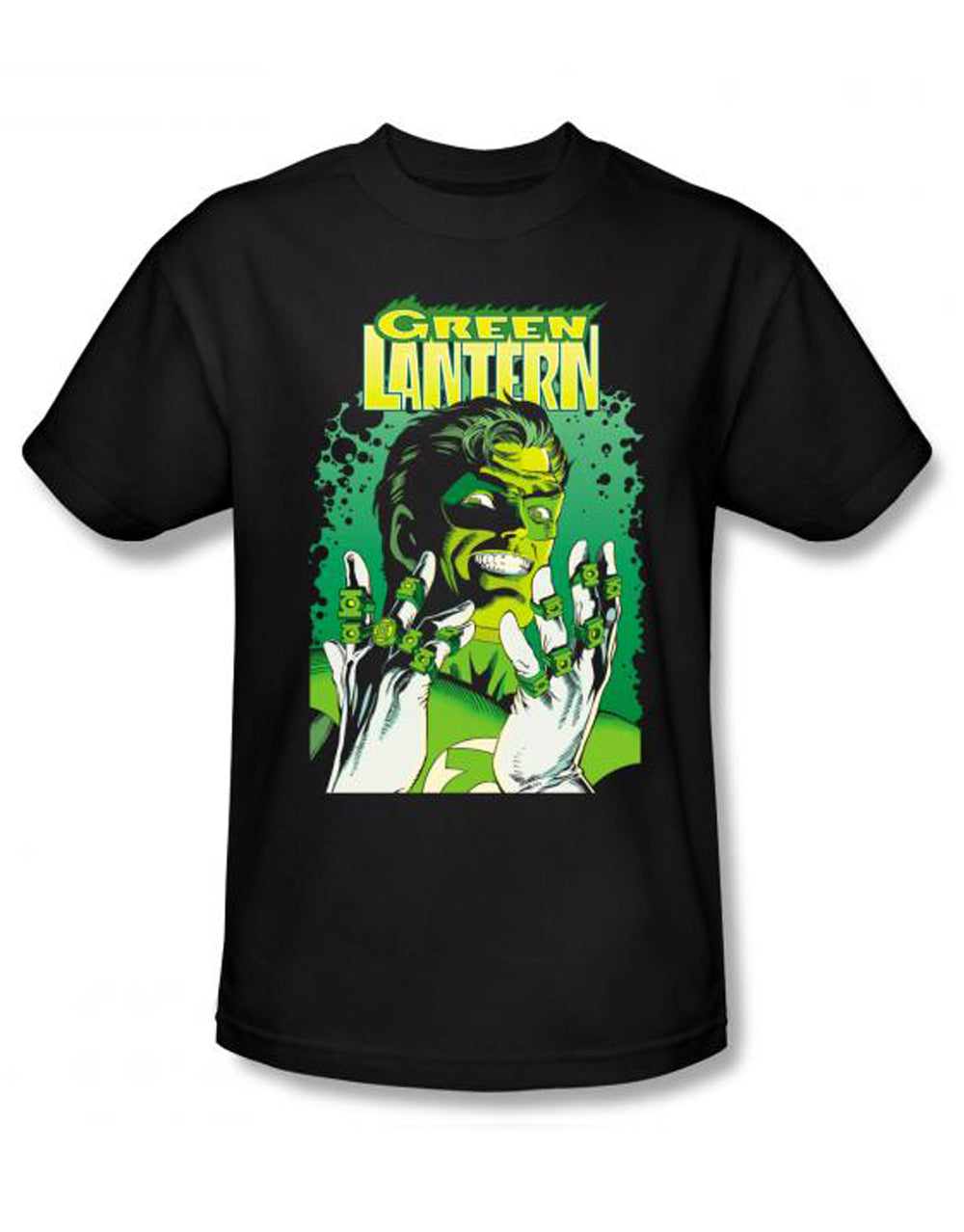 Lantern cover graphic on a black adult t-shirt.