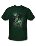 Green Lantern and Batman graphic on a green adult t-shirt.