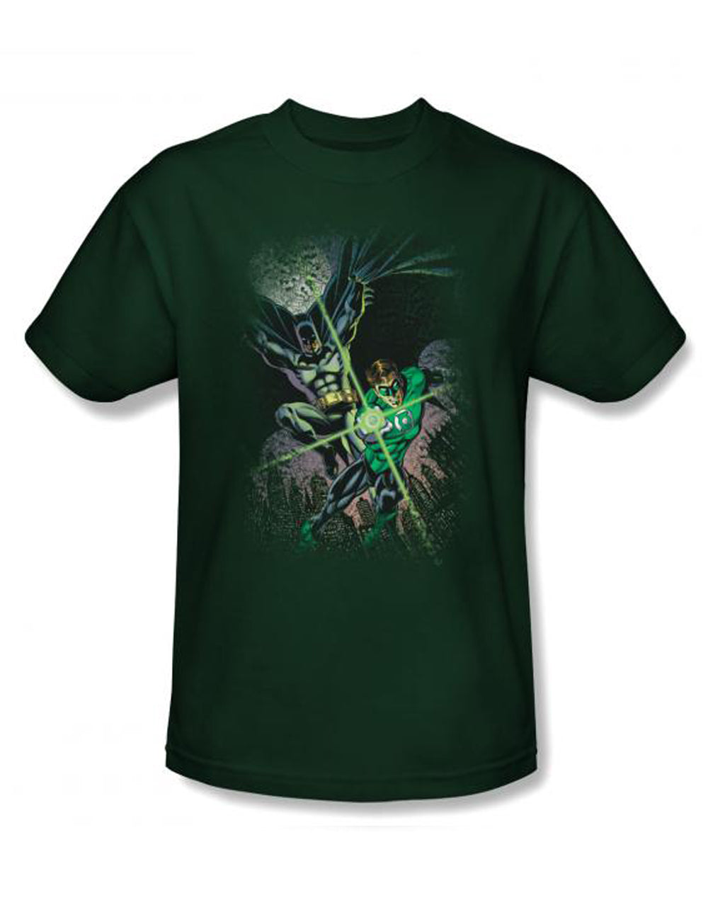 Green Lantern and Batman graphic on a green adult t-shirt.