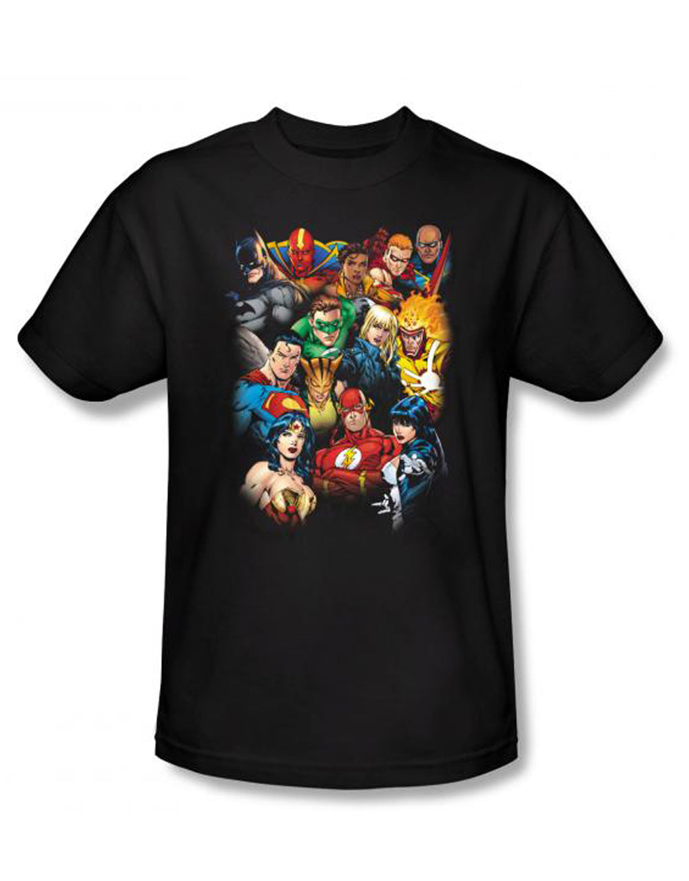 DC Comics all here graphic on a black adult t-shirt.
