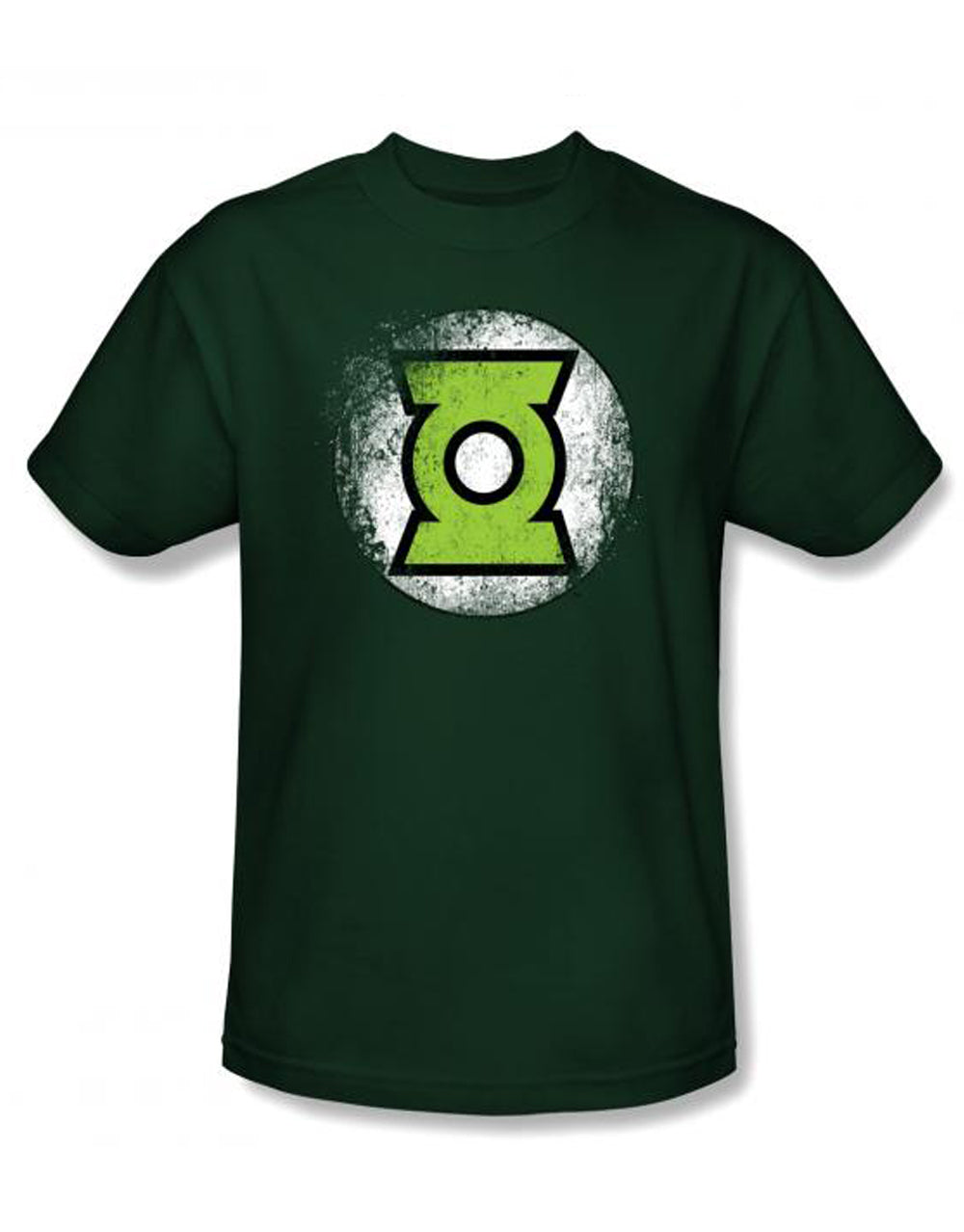 Destroyed graphic on a green adult t-shirt.