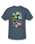 DC Comics action frames graphic on a blue adult t-shirt.