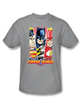 DC Comics triptych graphic on a grey adult t-shirt.