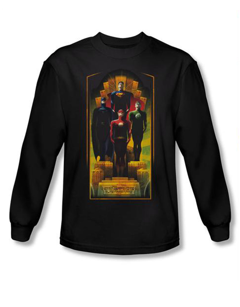 Deco graphic on a black adult long sleeve top.