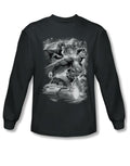 Atmospheric graphic on a charcoal grey adult long sleeve top.