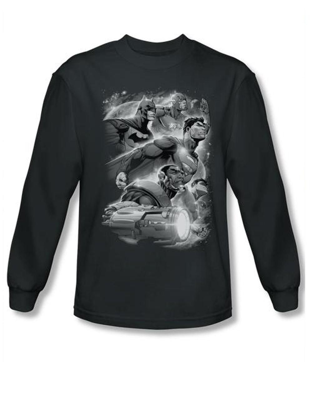 Atmospheric graphic on a charcoal grey adult long sleeve top.