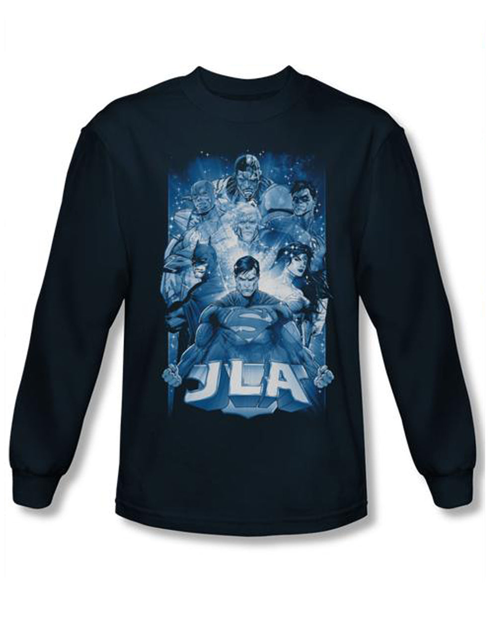 Burst graphic on a navy blue adult long sleeve top.