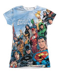 Justice League DC Comics all graphic on a white women's t-shirt.