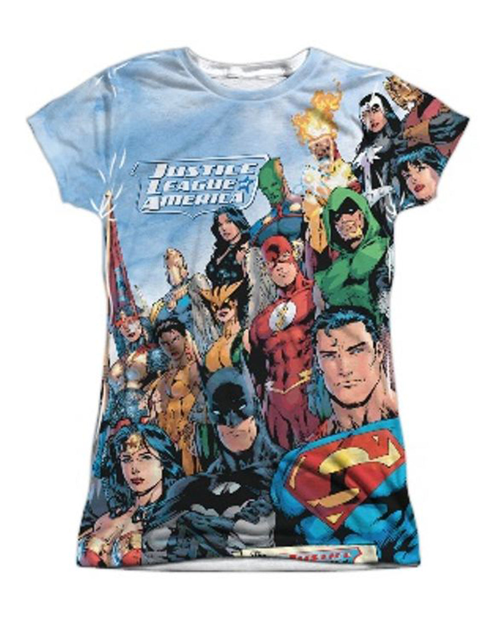 Justice League DC Comics all graphic on a white women's t-shirt.