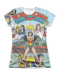 Wonder Woman cover graphic on a white women's t-shirt.