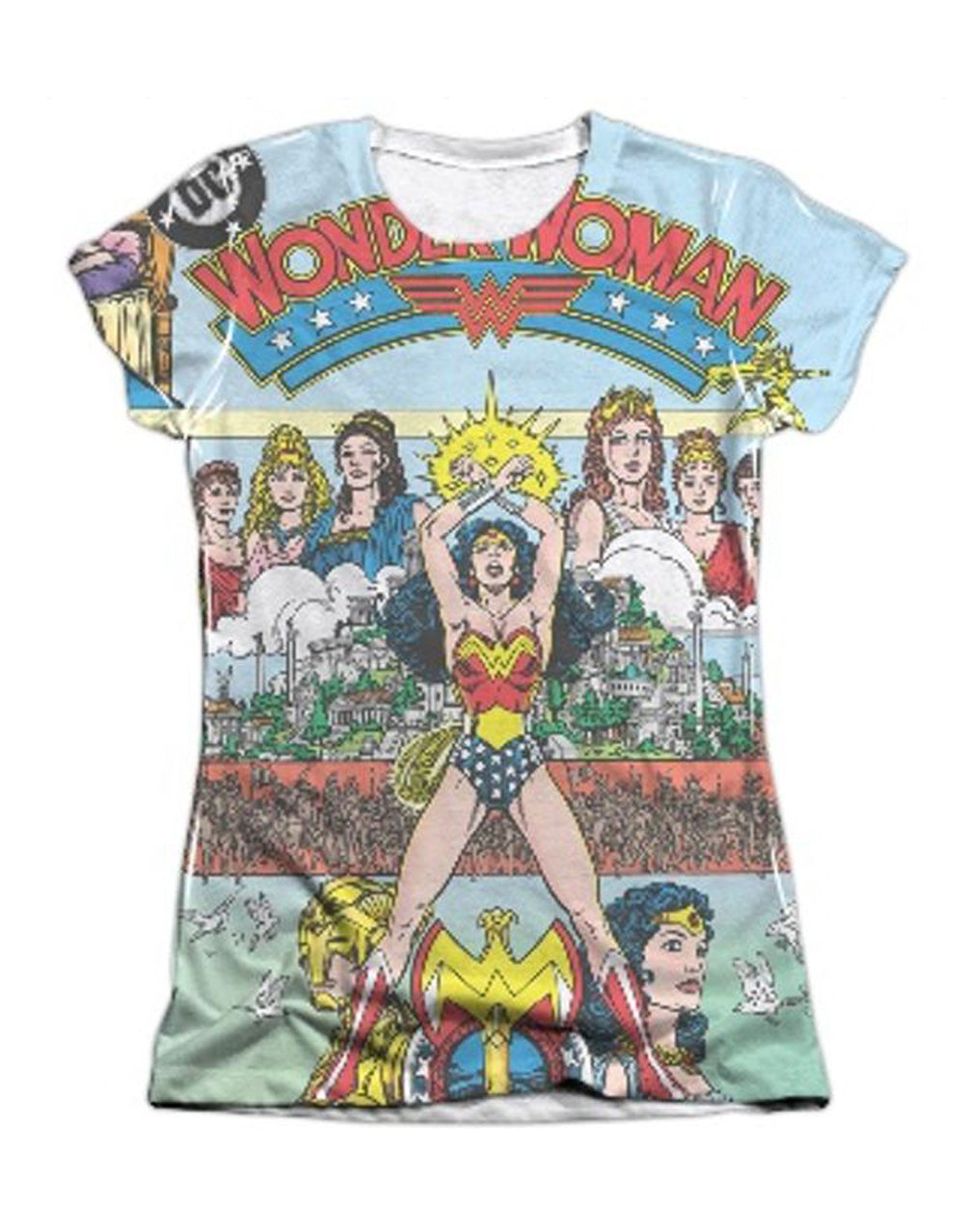 Wonder Woman cover graphic on a white women's t-shirt.