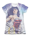 Wonder Woman goddess graphic on a white women's t-shirt.