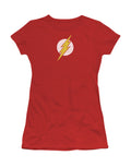 The Flash rough logo graphic on a red women's t-shirt.