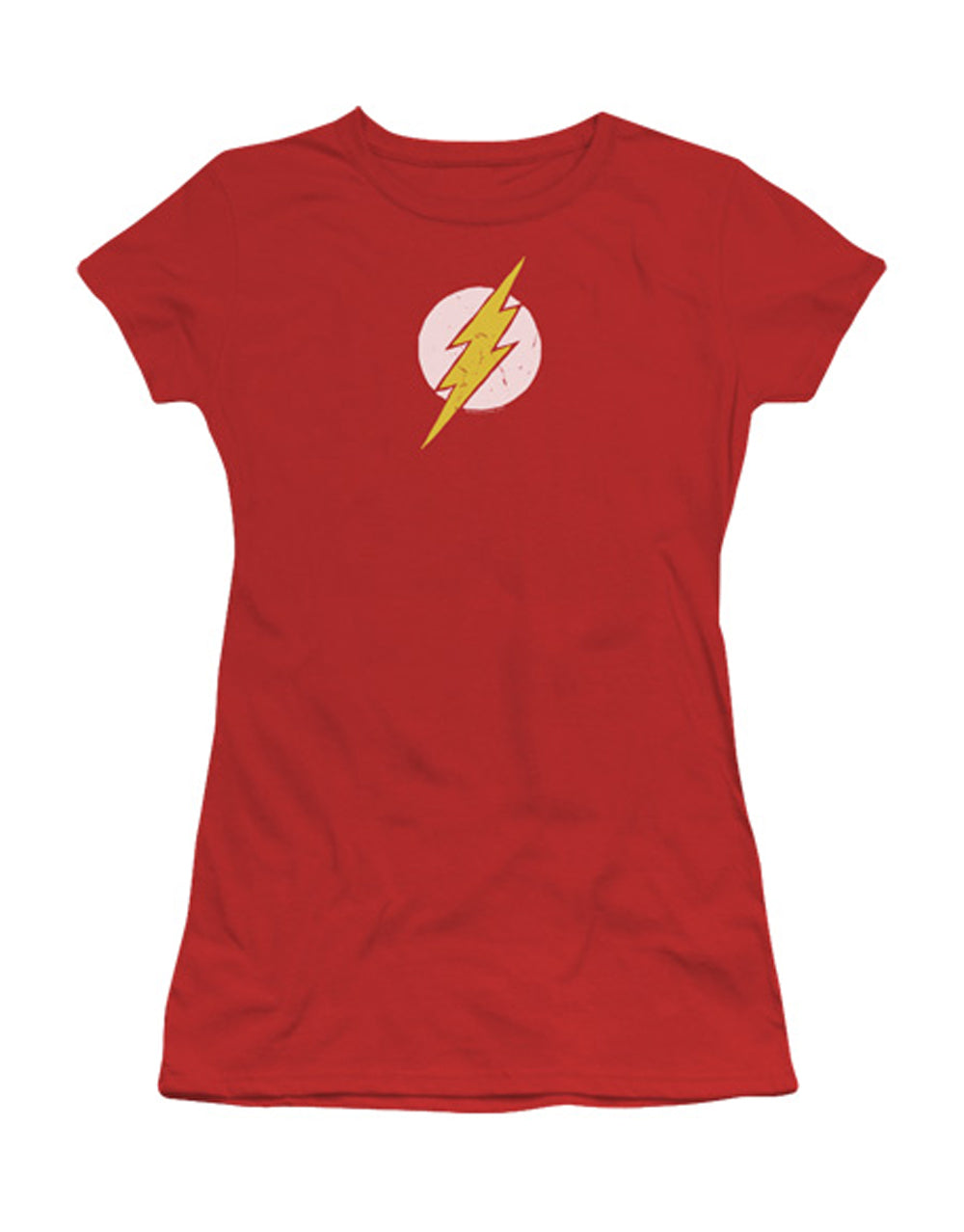 The Flash rough logo graphic on a red women's t-shirt.