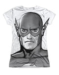 The Flash head graphic on a white women's t-shirt.