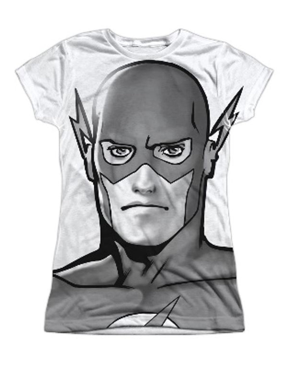 The Flash head graphic on a white women's t-shirt.
