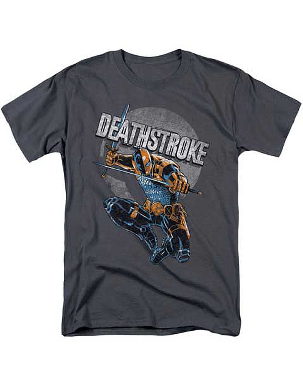 Retro graphic on a charcoal grey adult t-shirt.