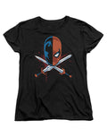 Deathstroke crossed swords graphic on a black women's t-shirt.