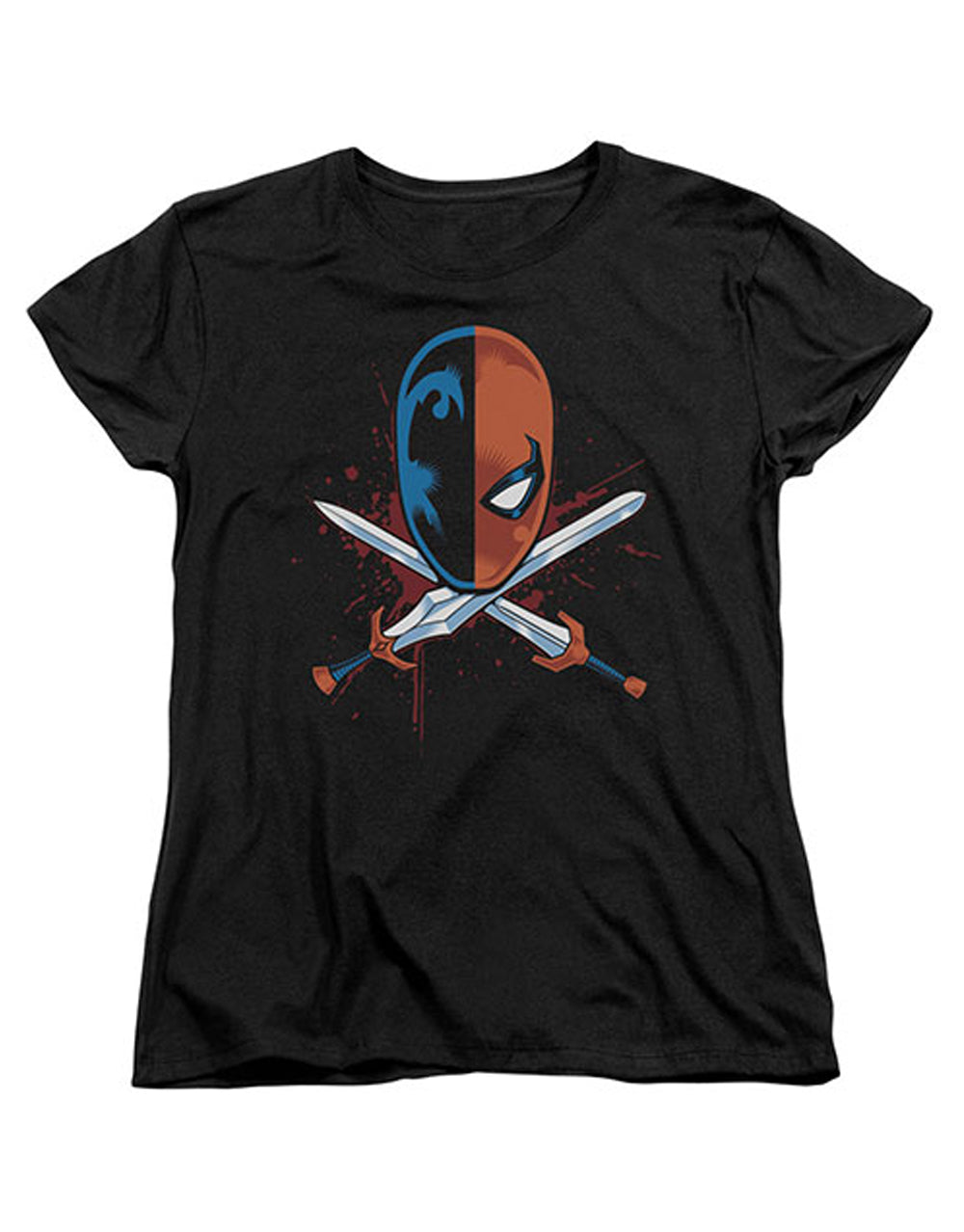Deathstroke crossed swords graphic on a black women's t-shirt.