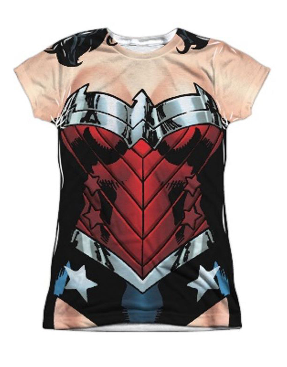 Wonder Woman outfit graphic on a white women's t-shirt.