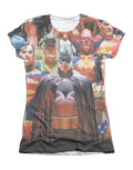 Justice League wall graphic on a white women's t-shirt.