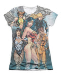 Justice League night out graphic on a white women's t-shirt.
