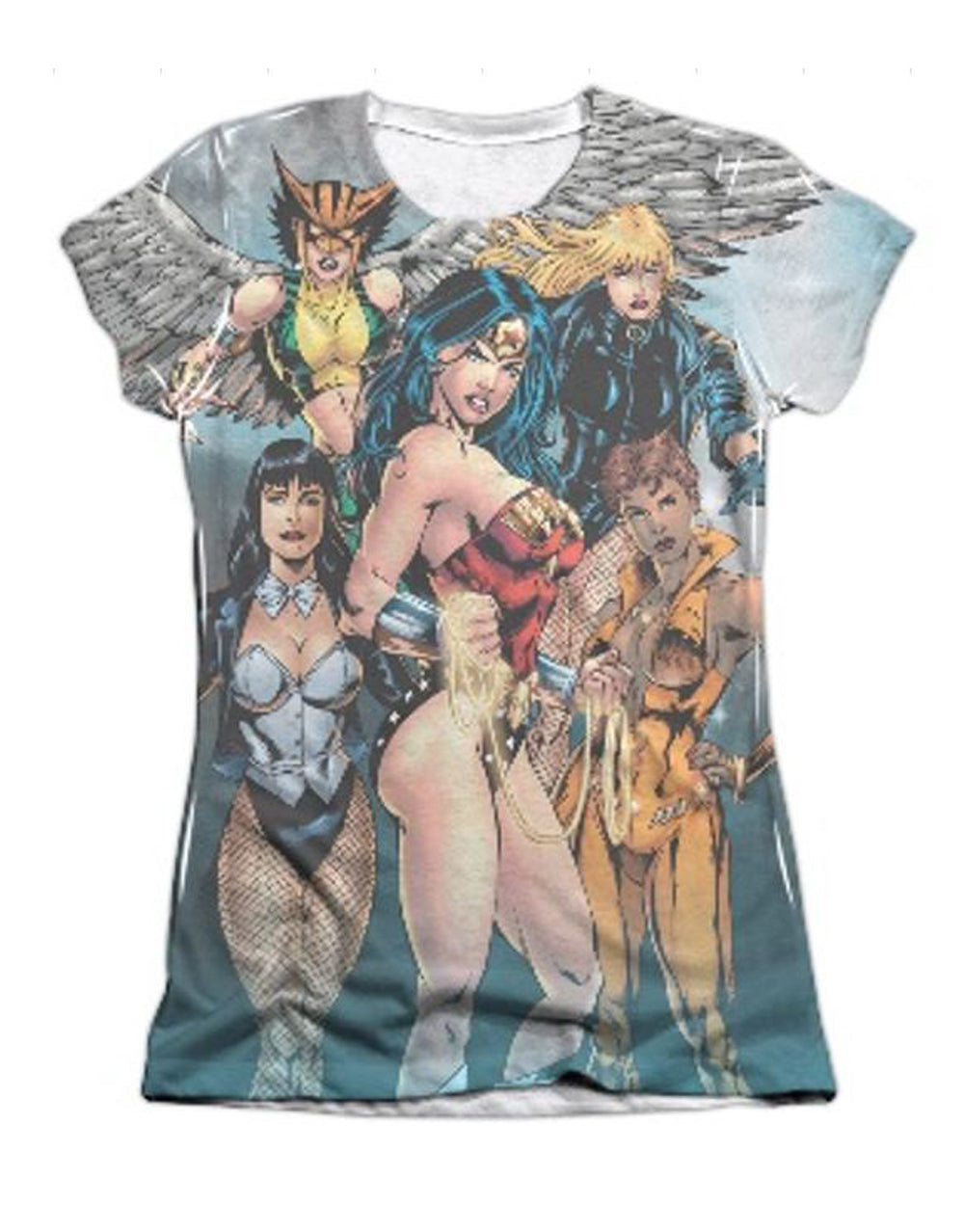 Justice League night out graphic on a white women's t-shirt.