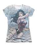 Wonder Woman warrior graphic on a white women's t-shirt.