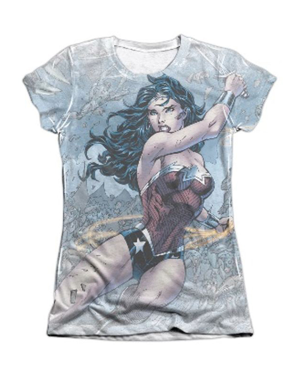 Wonder Woman warrior graphic on a white women's t-shirt.