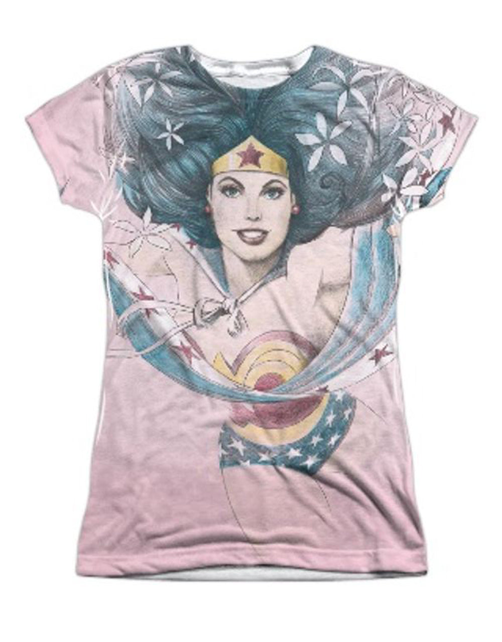 Wonder Woman sketched graphic on a white women's t-shirt.