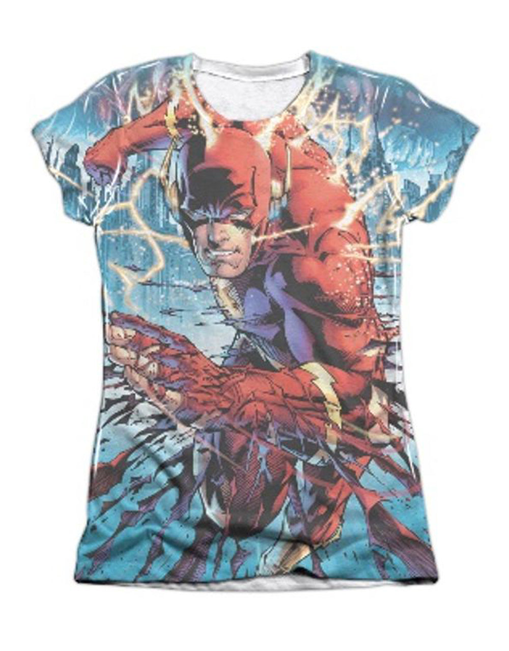 The Flash ripping and tearing graphic on a white women's t-shirt.