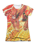 The Flash dash graphic on a white women's t-shirt.