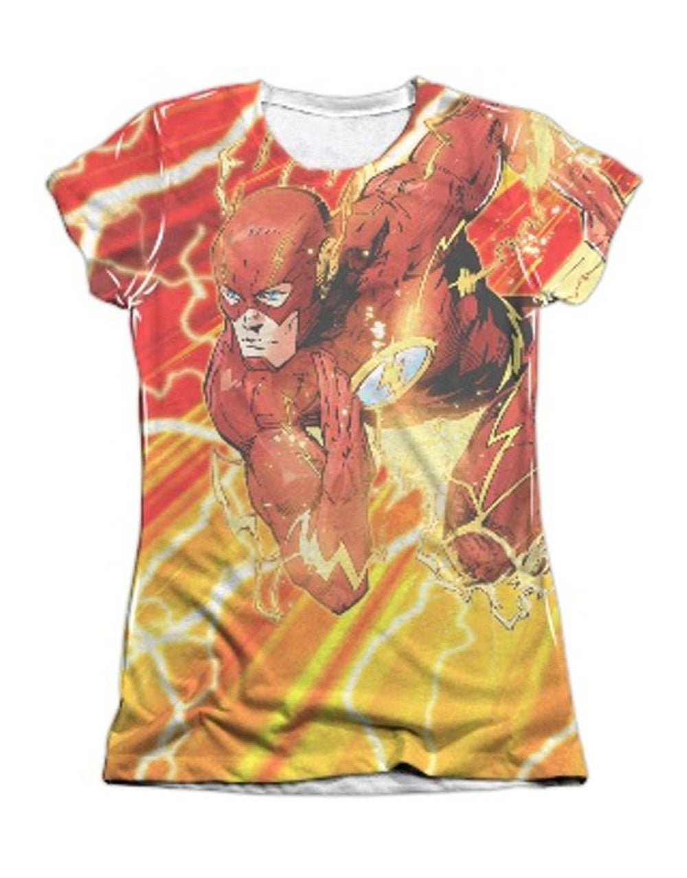 The Flash dash graphic on a white women's t-shirt.