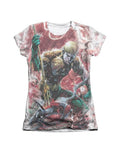 Aquaman Manta graphic on a white women's t-shirt.