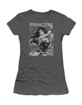 Wonder Woman princess of the Amazons graphic on a charcoal grey women's t-shirt.