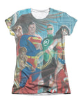 Justice League heroes graphic on a white women's t-shirt.