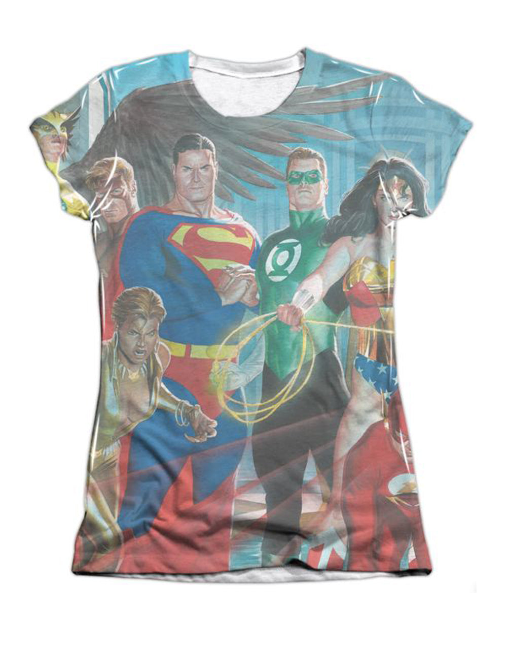 Justice League heroes graphic on a white women's t-shirt.
