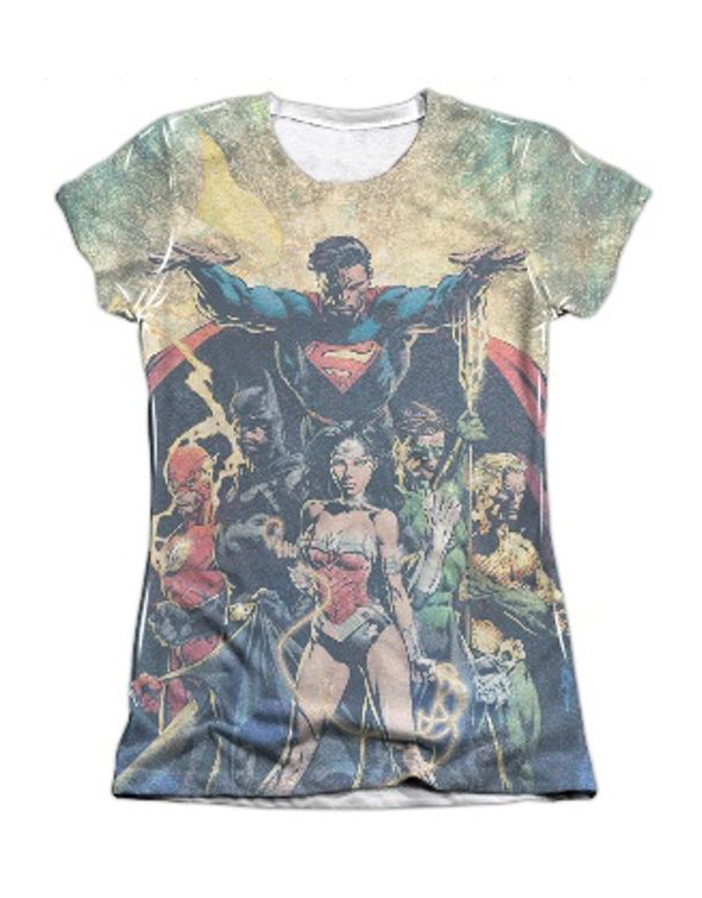 Justice League power graphic on a white women's t-shirt.